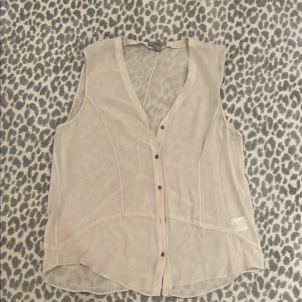 Helmut Lang Beige Sleeveless V-Neck Sheer Button Front Blouse